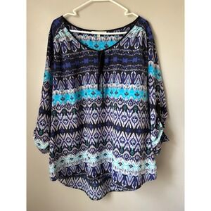 daniel rainn womens 1x boho tribal print tunic blouse tie neck long sleeve